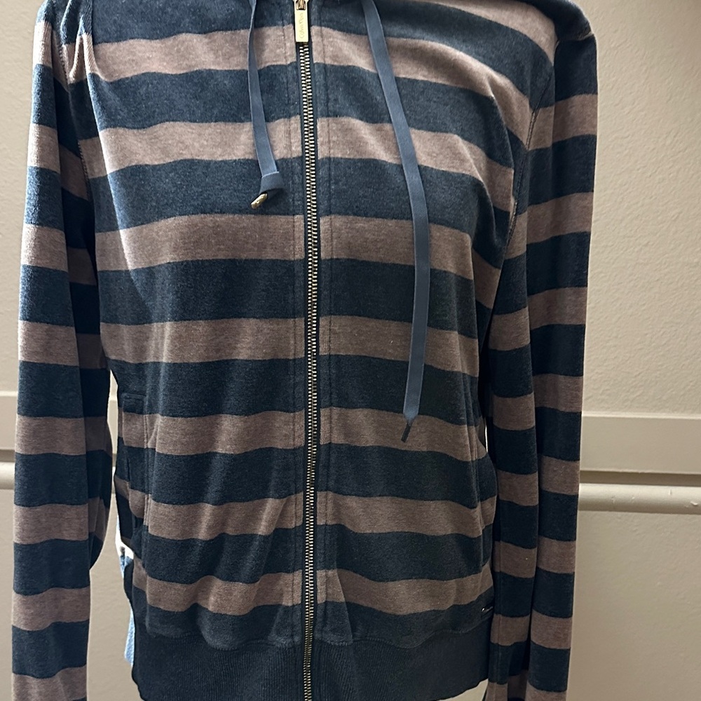 Calvin Klein Women's Zip-Up Sweater - Black and Brown Stripes